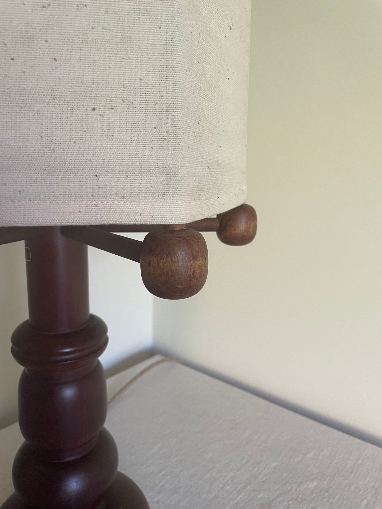 Vintage Swedish sculptural turned wood lamp with linen shade