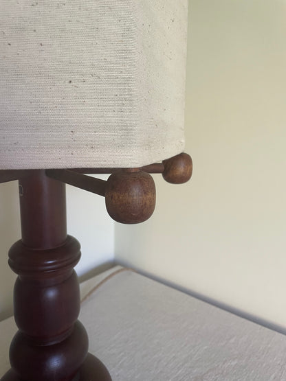 Vintage Swedish sculptural turned wood lamp with linen shade