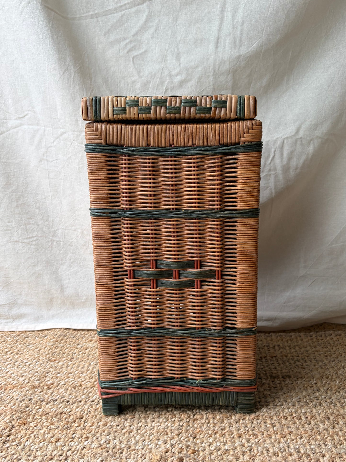 Vintage woven wicker vertical storage box with green pattern