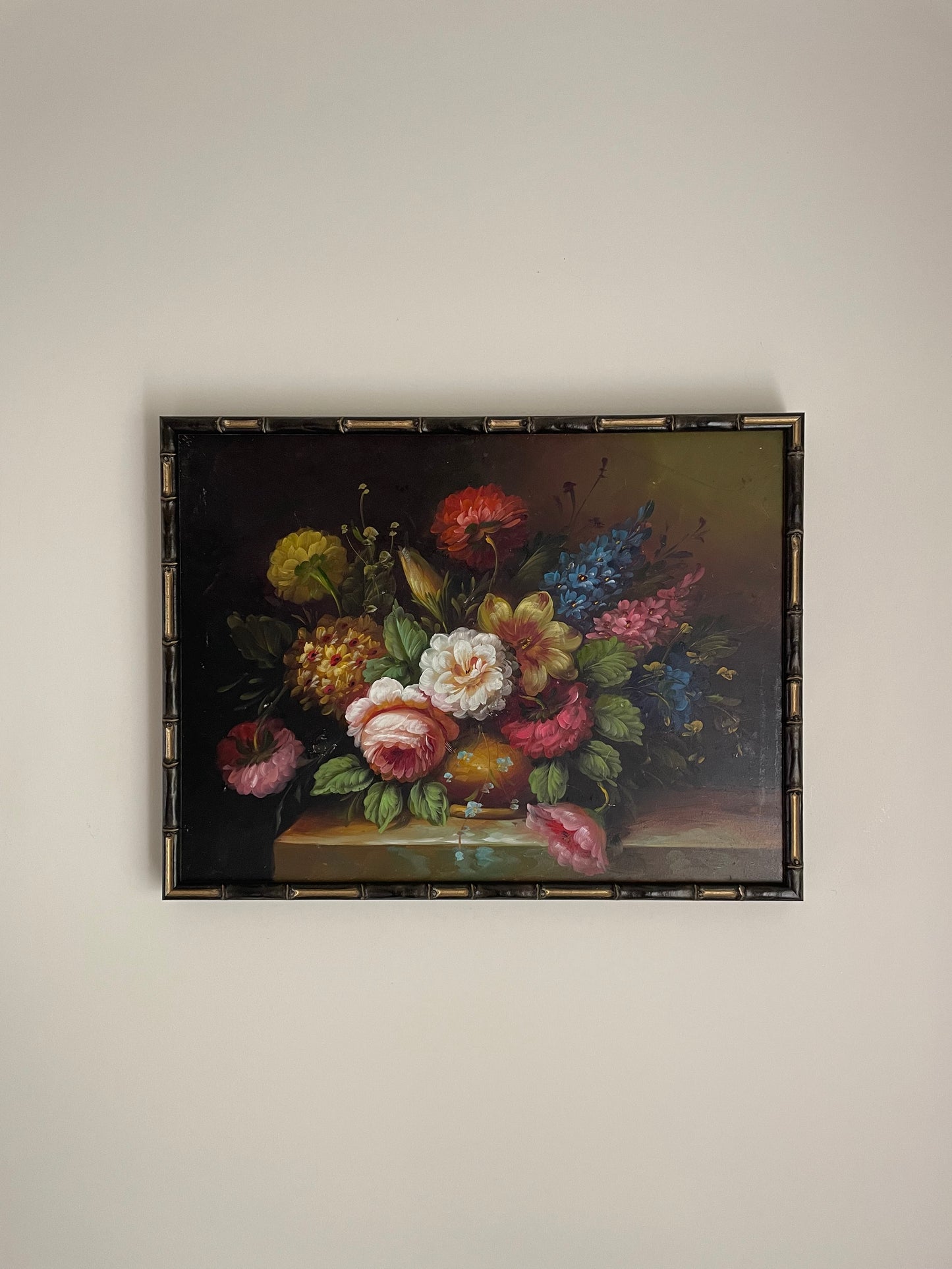Vintage dark florals in faux bamboo frame