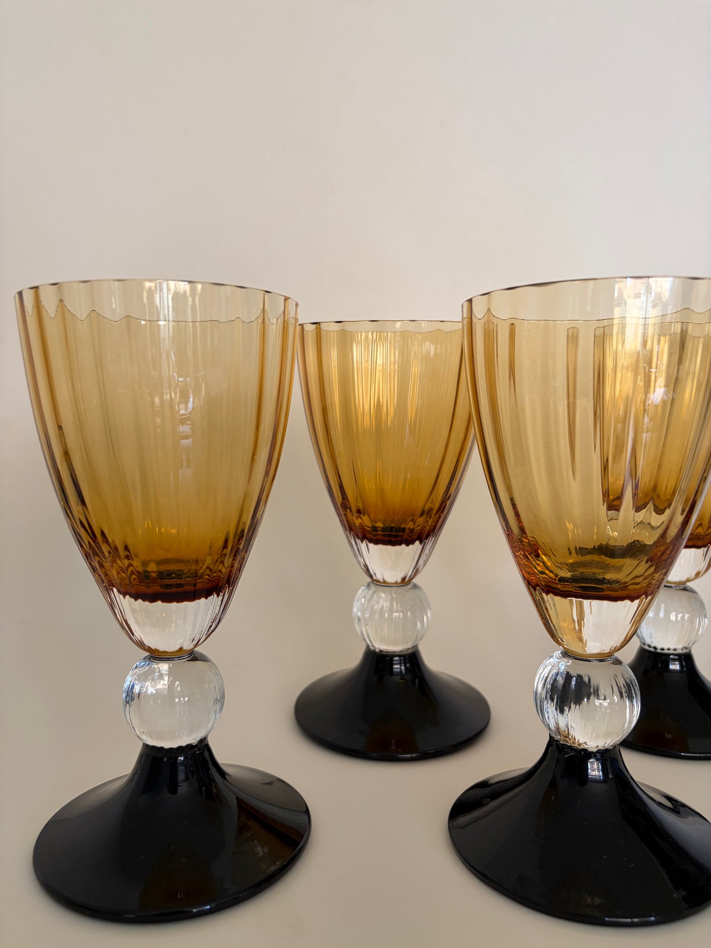 Art deco set of four vintage amber and black wine glasses