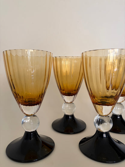 Art deco set of four vintage amber and black wine glasses