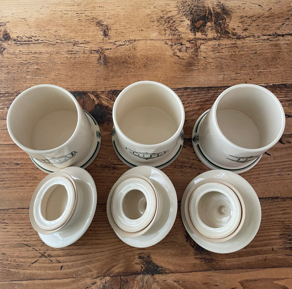 Set of vintage Victorian style cream and green canisters for tea, coffee and sugar