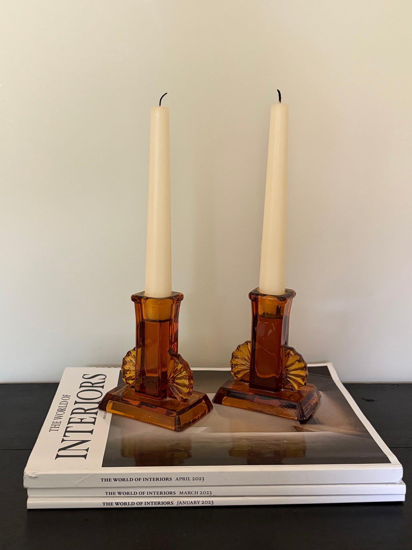 Pair of vintage amber art deco candlestick holders