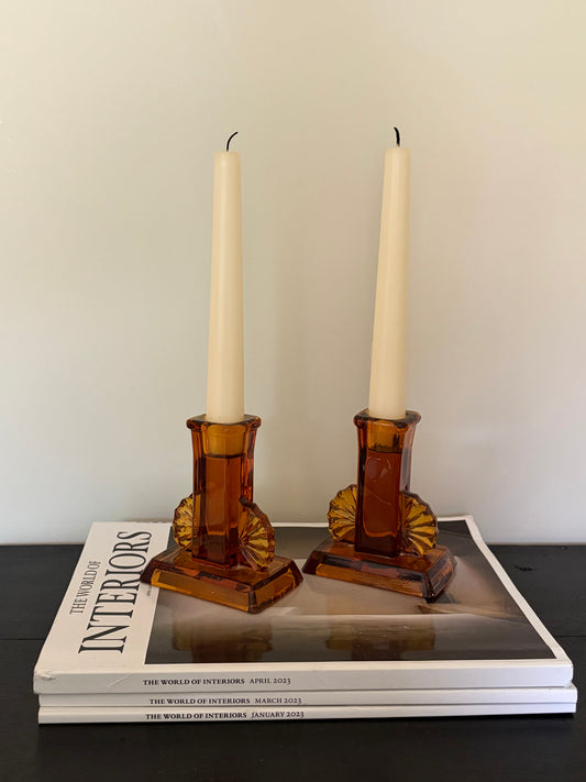 Pair of vintage amber art deco candlestick holders