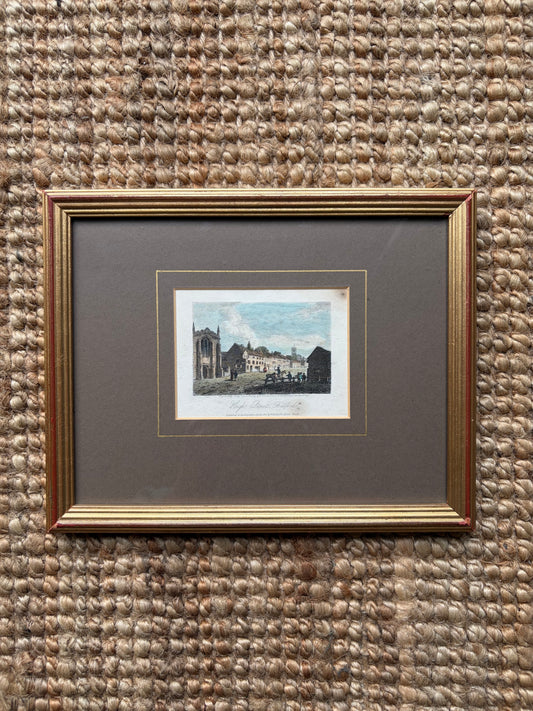 Antique framed engraving print of Bedford High Street, circa 1818