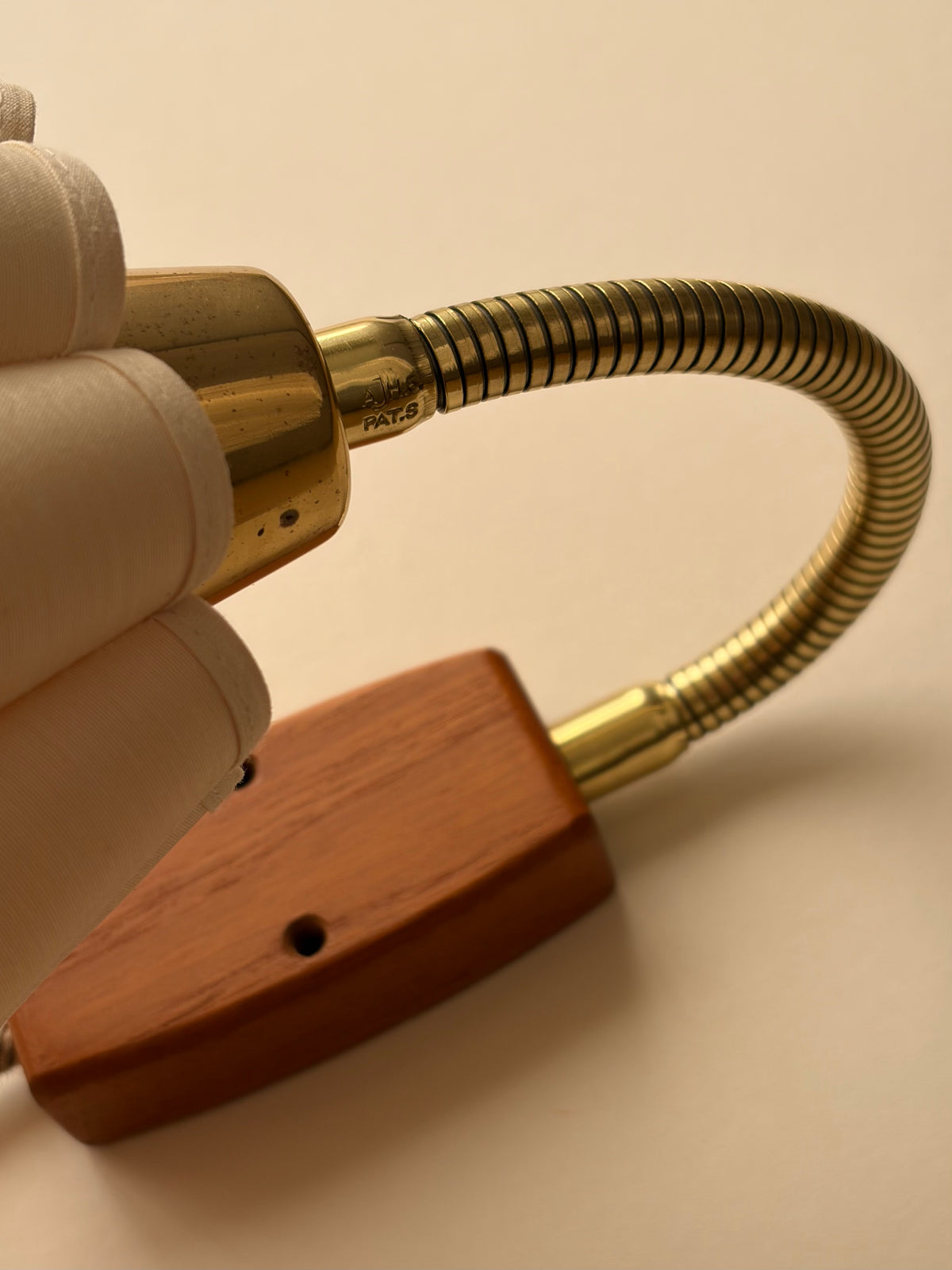 Pair of vintage wooden and brass gooseneck plug-in wall lights with scalloped shade
