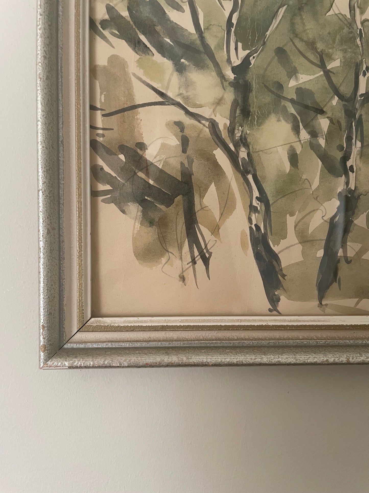 Vintage framed vertical watercolour of lake