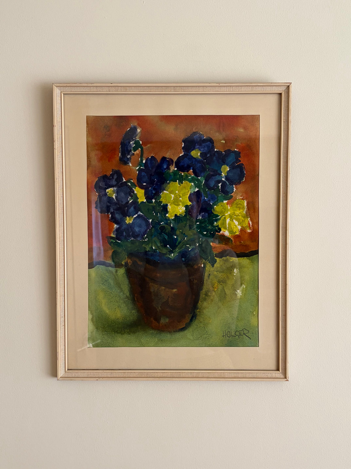 Vintage original framed gouache painting of blue and yellow flowers