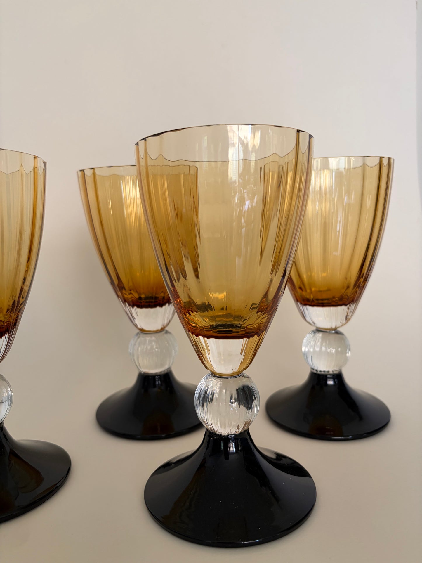 Art deco set of four vintage amber and black wine glasses
