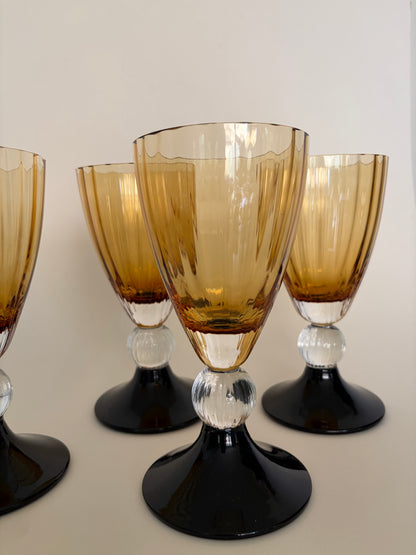 Art deco set of four vintage amber and black wine glasses