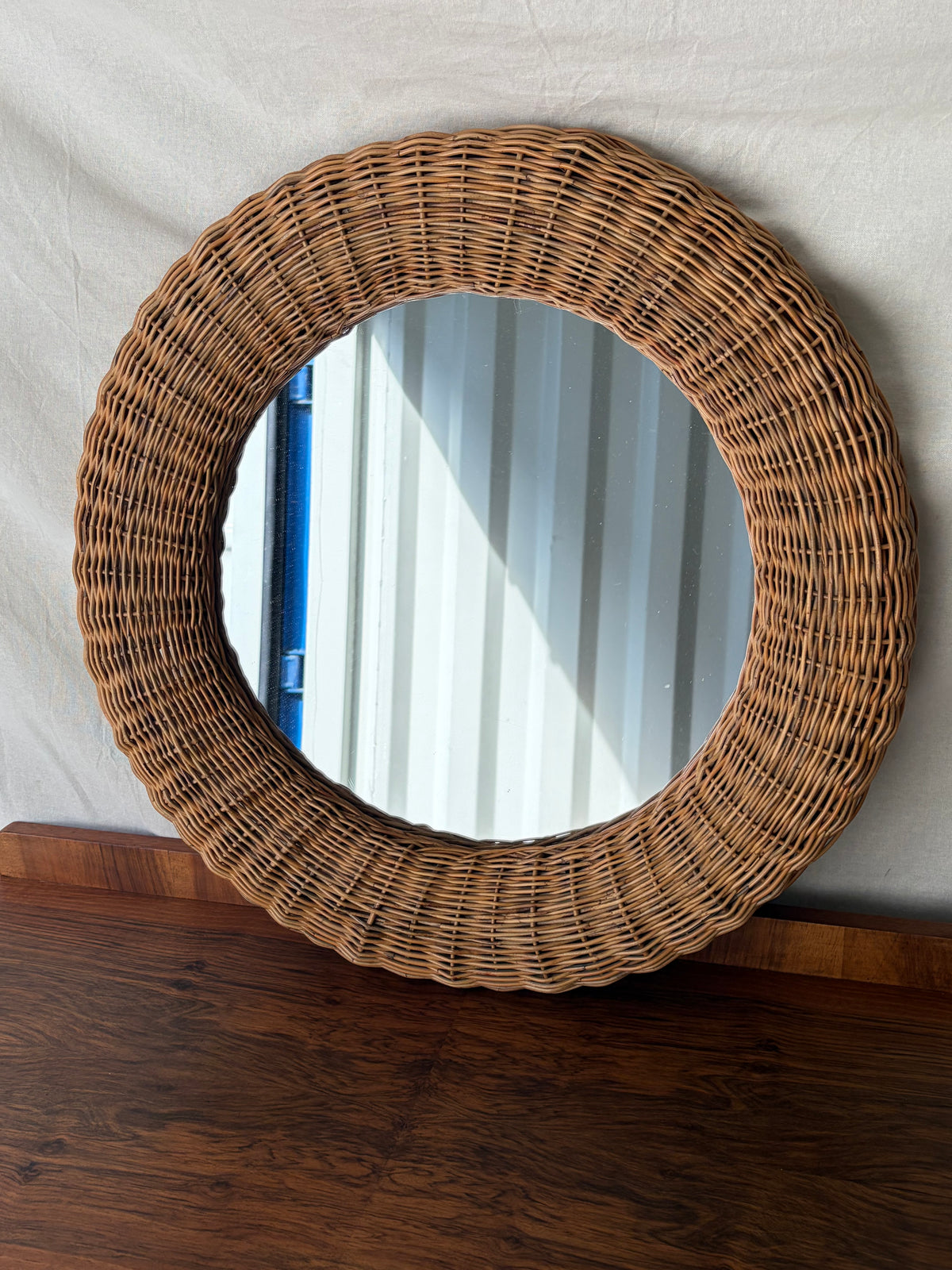 Vintage round wicker mirror