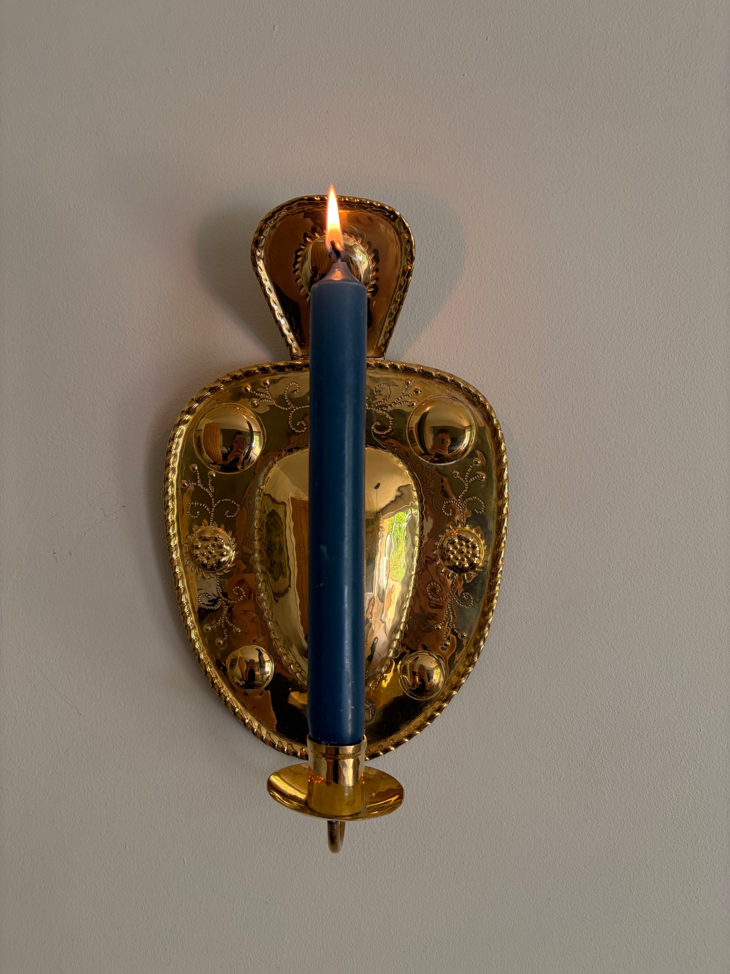 Pair of small vintage Swedish brass embossed candle wall sconces