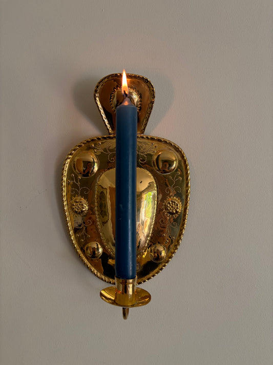 Pair of small vintage Swedish brass embossed candle wall sconces