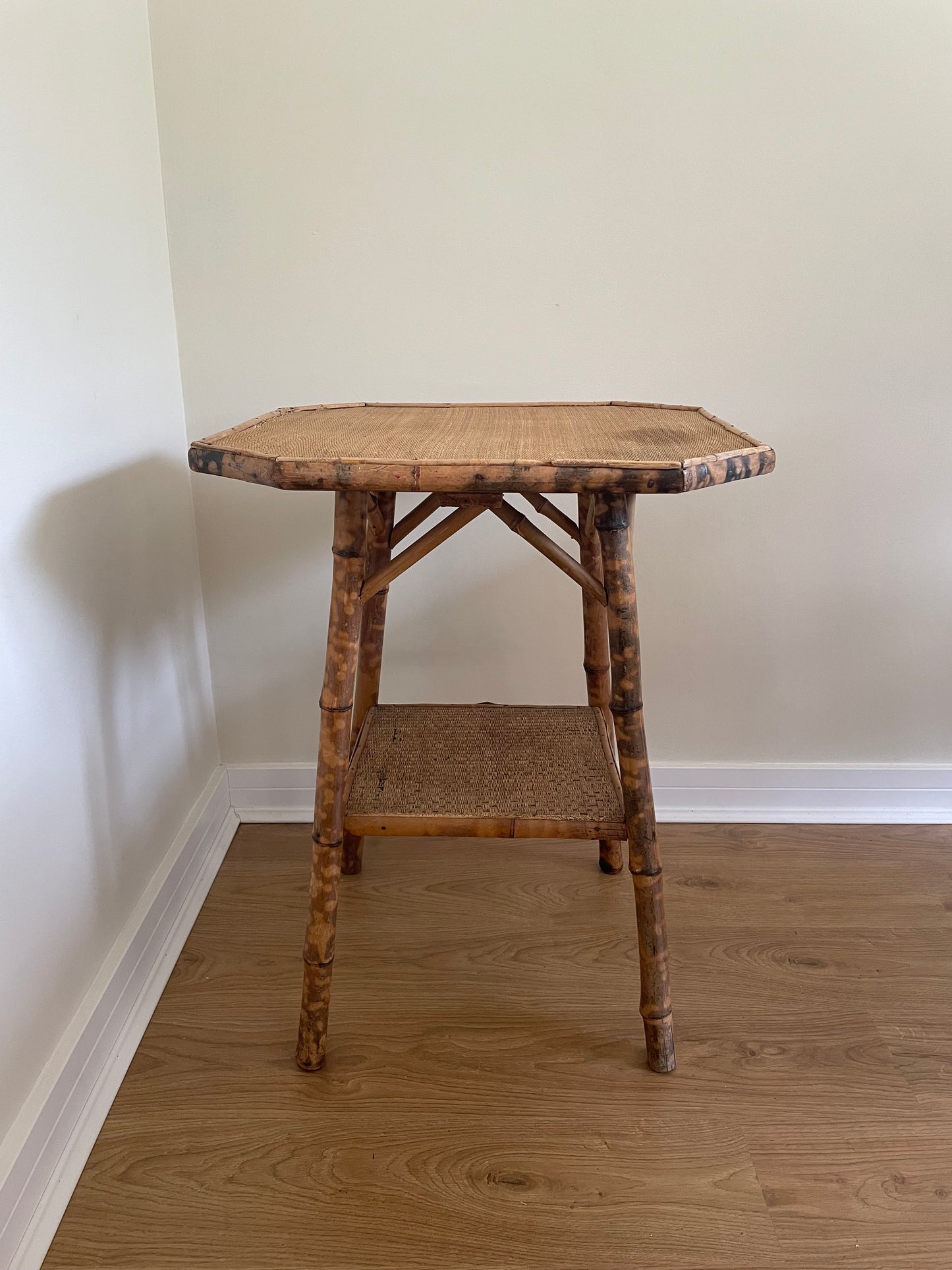 Antique bamboo and cane tortoise shell tiered side table