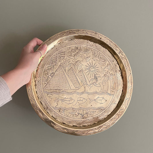 Vintage brass decorative tray with hand etched artwork of Egypt