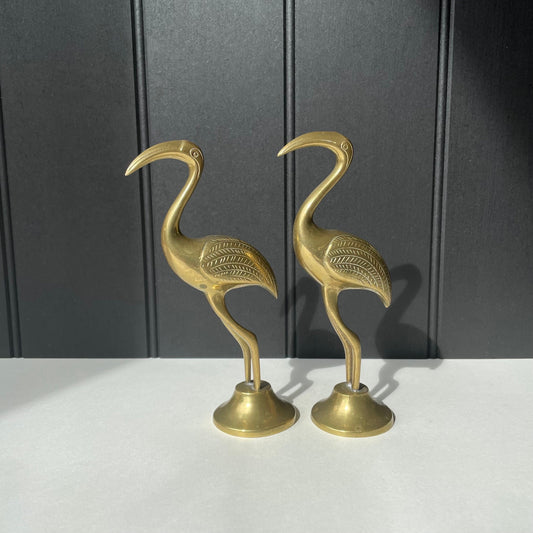 Vintage pair of solid brass bird sculpture of cranes/flamingos