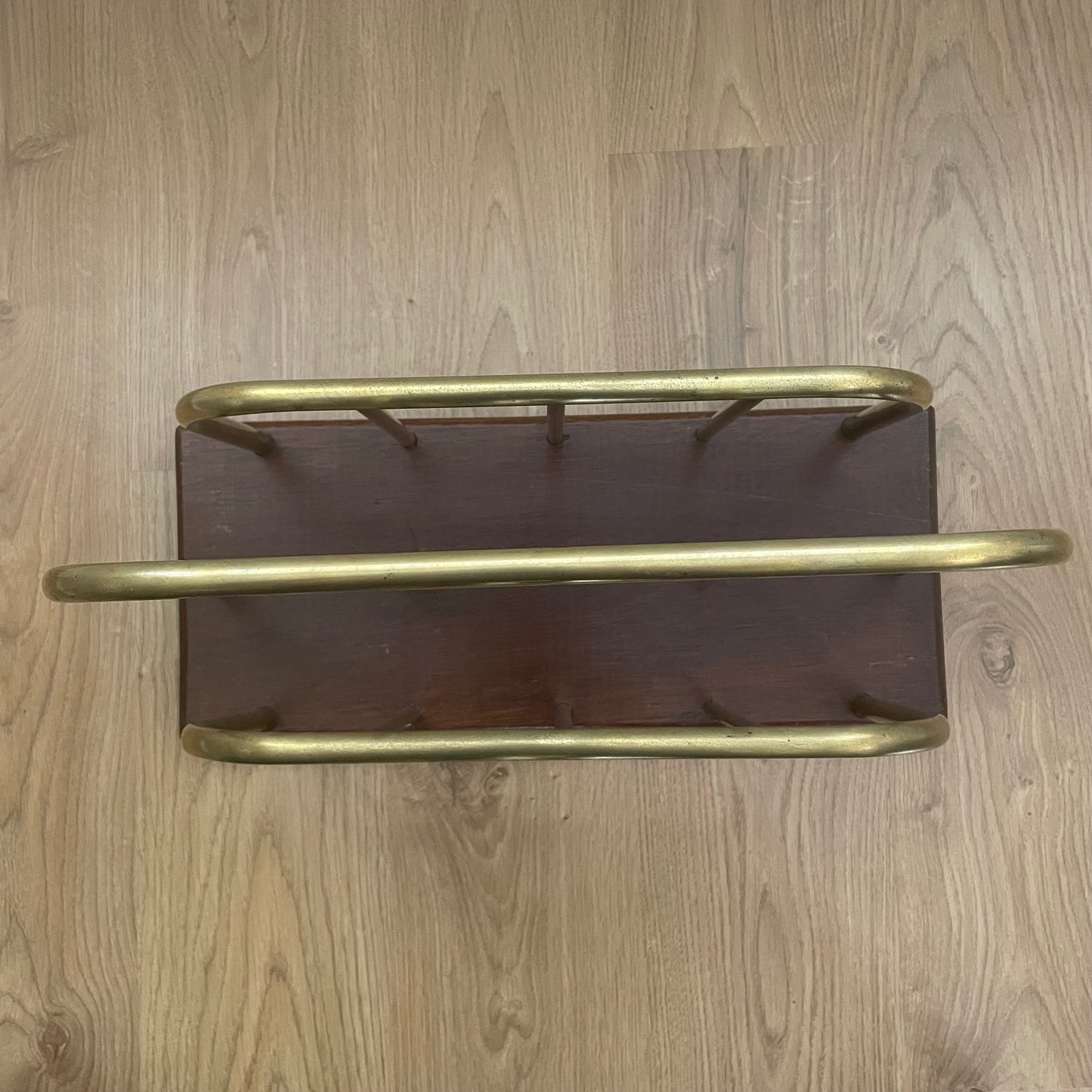 Vintage brass and oak wood magazine rack, record holder