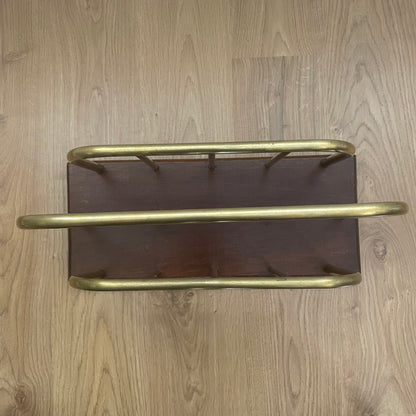 Vintage brass and oak wood magazine rack, record holder