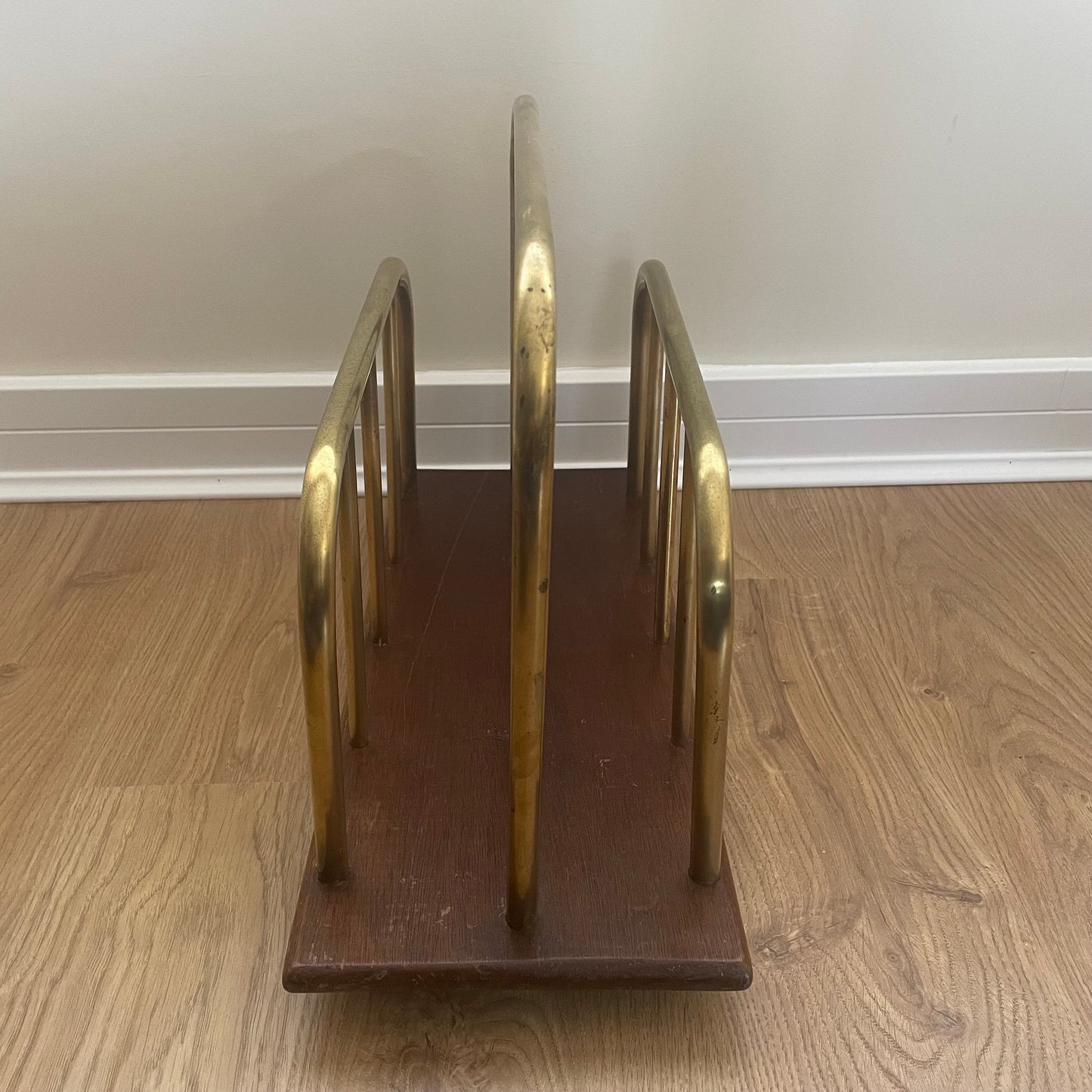 Vintage brass and oak wood magazine rack, record holder