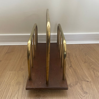 Vintage brass and oak wood magazine rack, record holder
