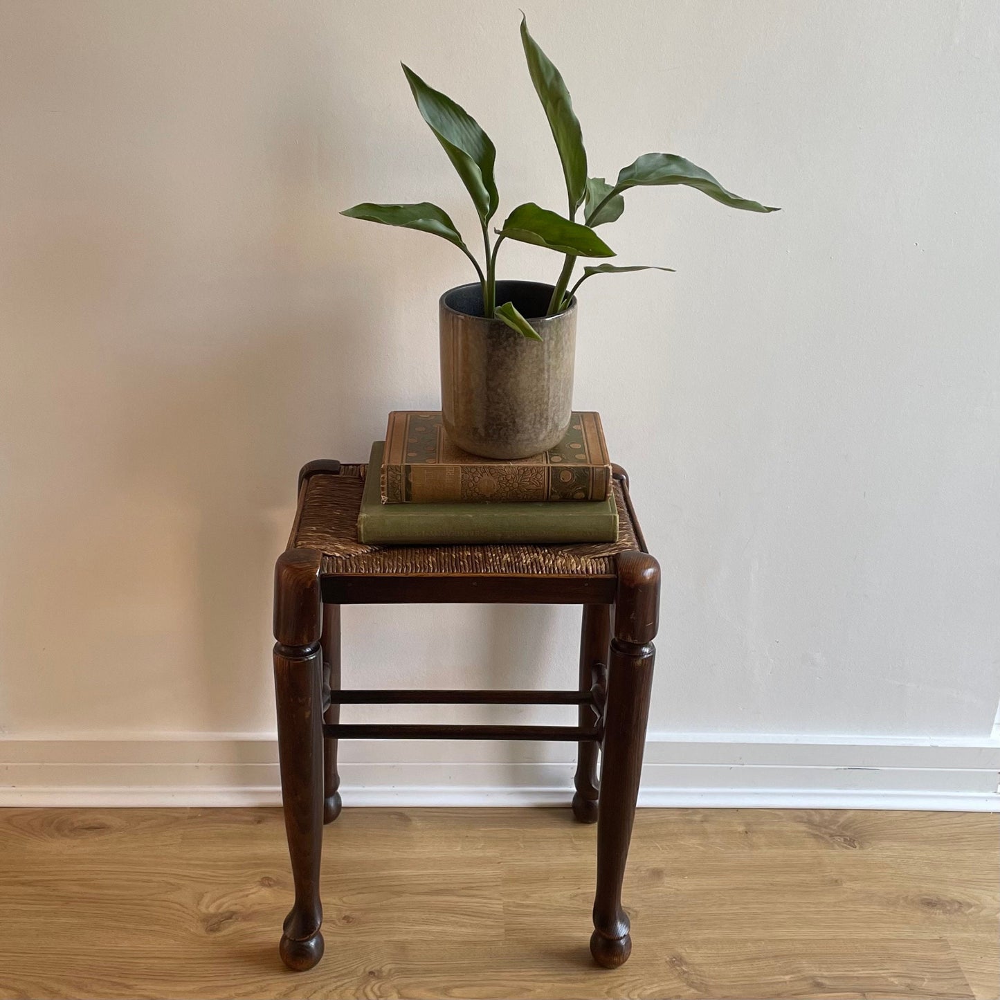 Antique arts & crafts stool with woven rush seat