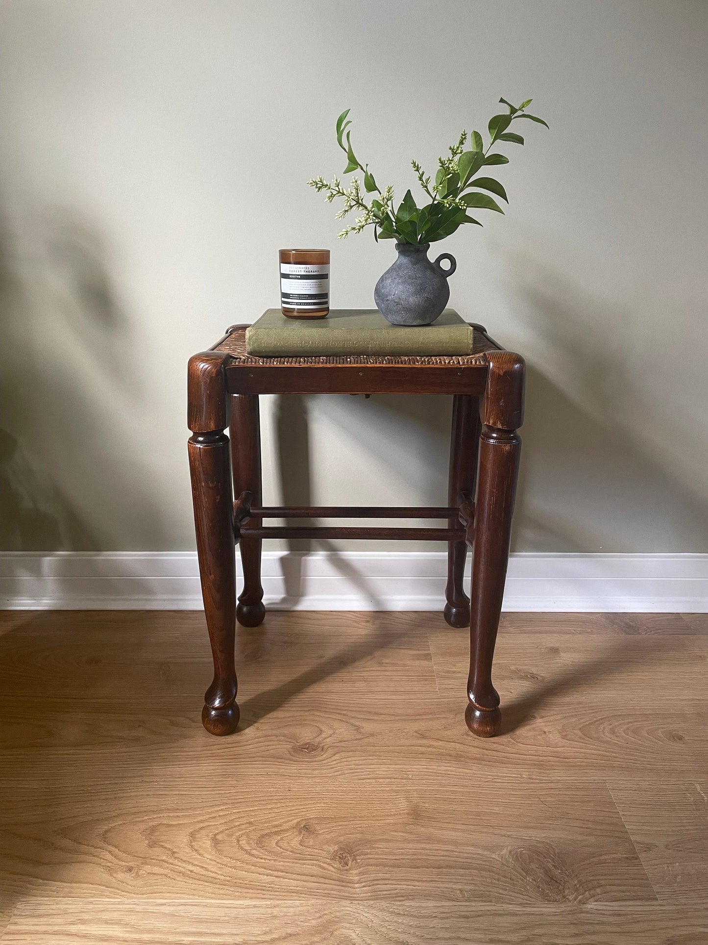 Antique arts & crafts stool with woven rush seat