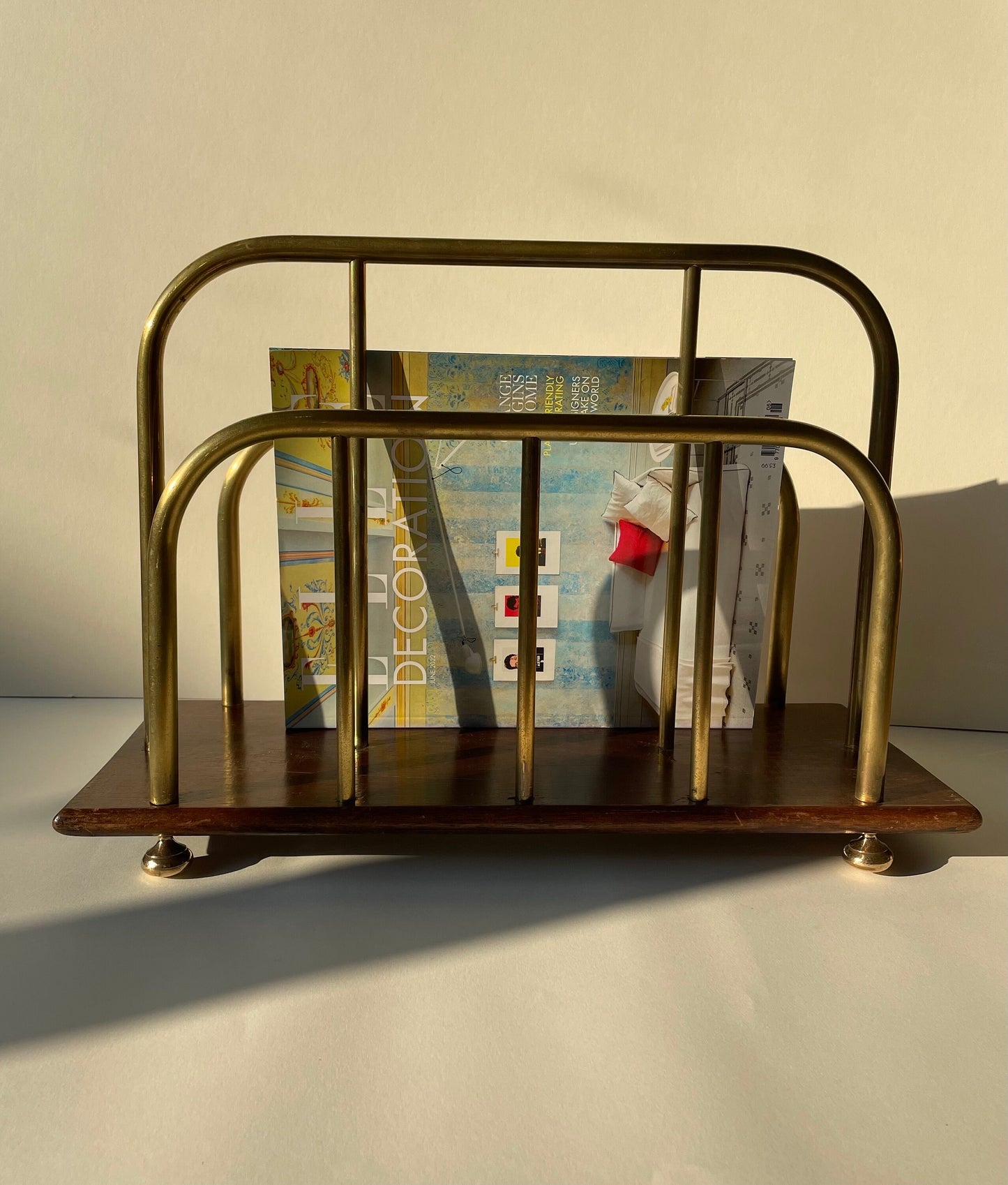 Vintage brass and oak wood magazine rack, record holder