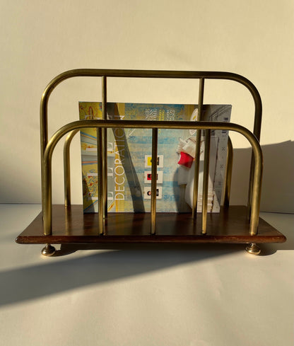 Vintage brass and oak wood magazine rack, record holder
