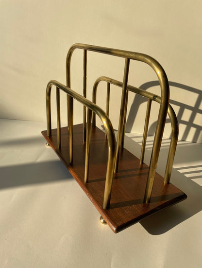 Vintage brass and oak wood magazine rack, record holder
