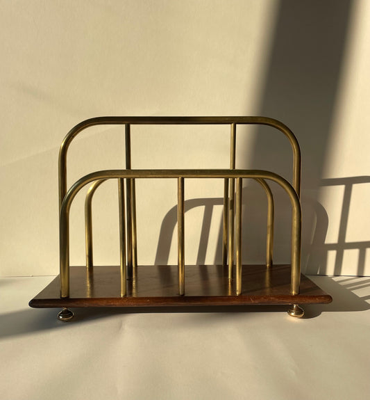 Vintage brass and oak wood magazine rack, record holder