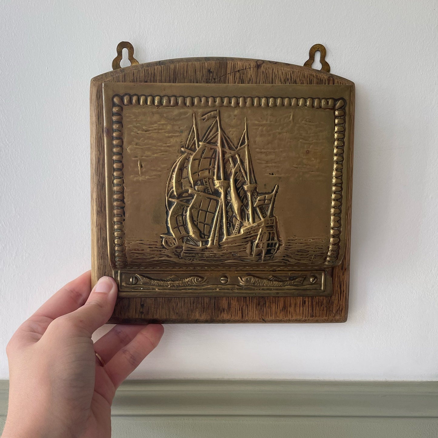 Vintage brass and wooden wall mounted letter holder with ship by Peerage, 1940s