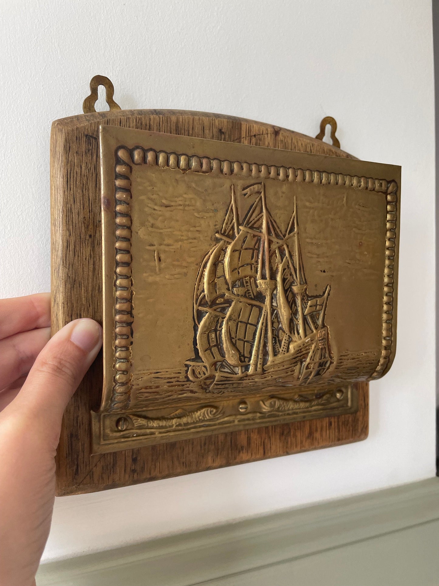 Vintage brass and wooden wall mounted letter holder with ship by Peerage, 1940s