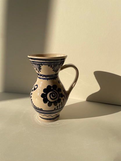 Vintage handmade ceramic pottery vase / jug with blue details