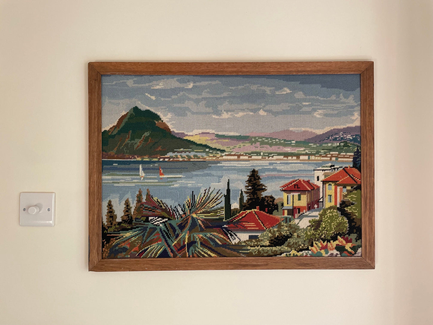 Vintage needlepoint embroidery large landscape art of sea and mountains in wooden frame