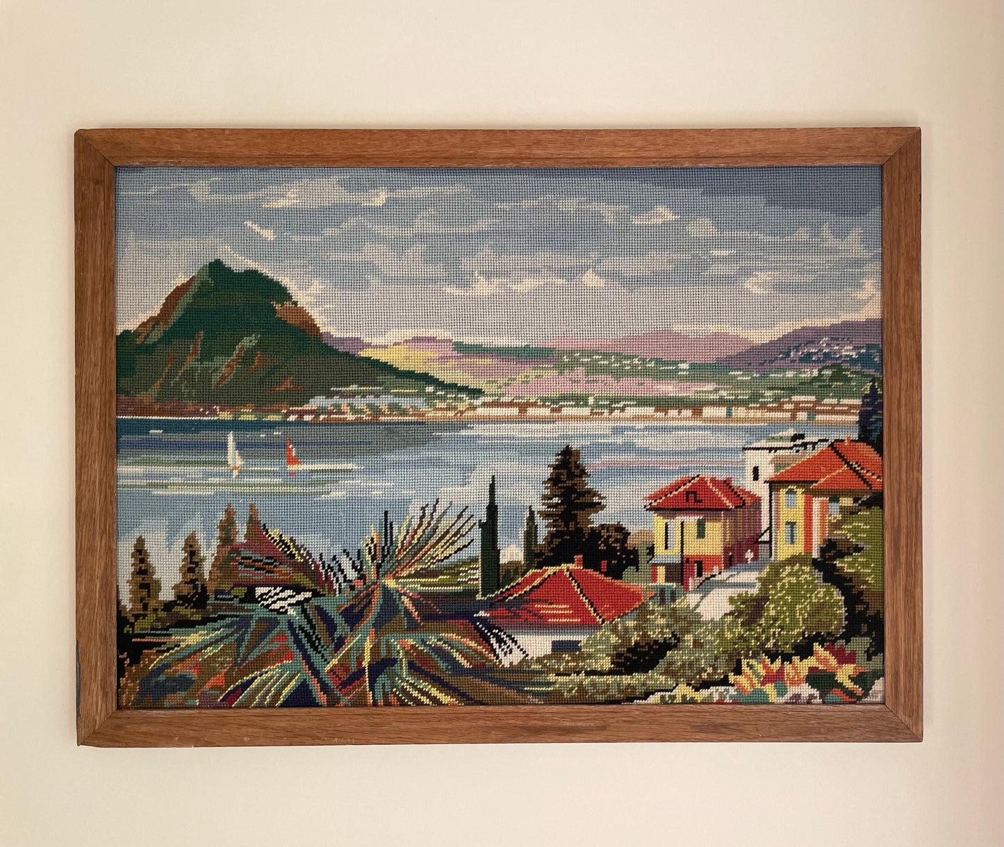 Vintage needlepoint embroidery large landscape art of sea and mountains in wooden frame