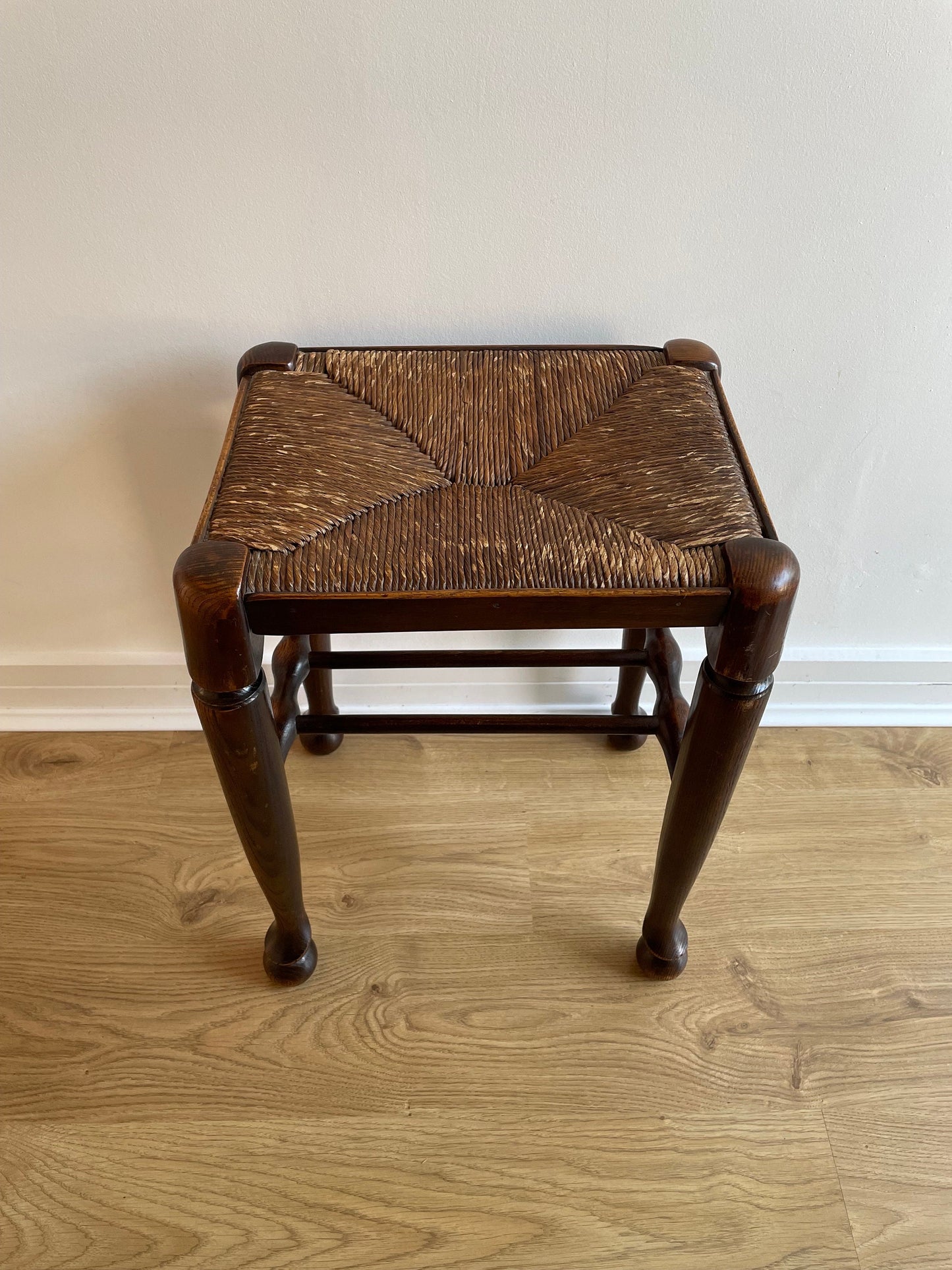 Antique arts & crafts stool with woven rush seat