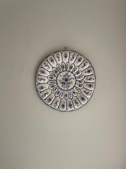 Vintage hand painted white wall hanging plate with blue floral details