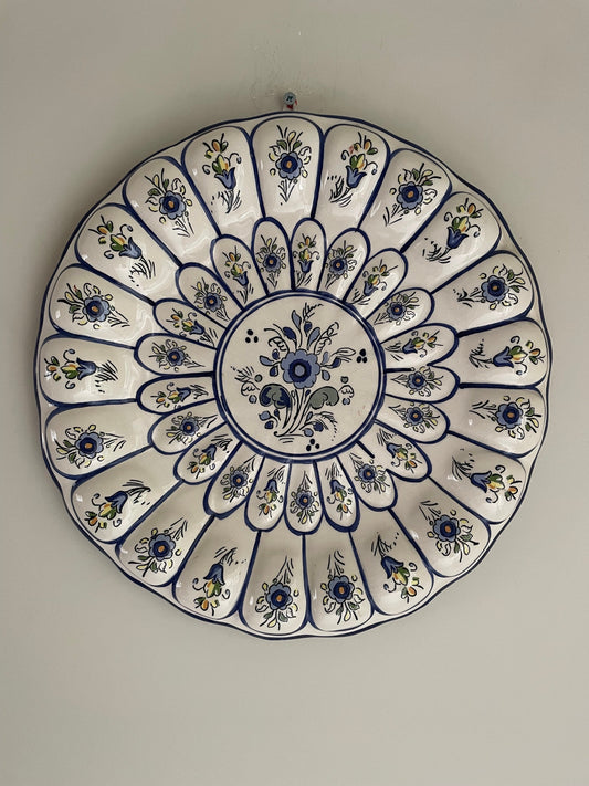 Vintage hand painted white wall hanging plate with blue floral details