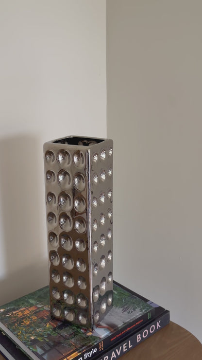 Vintage chrome rectangle vase with circle indents