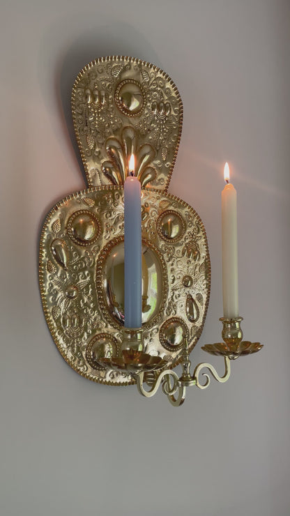 Pair of vintage embossed Swedish brass double wall sconces
