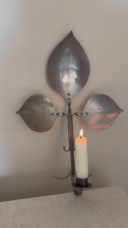 Pair of vintage pewter leaf shaped candle sconces