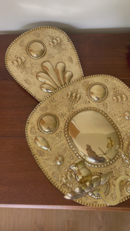 Pair of vintage embossed Swedish brass double wall sconces