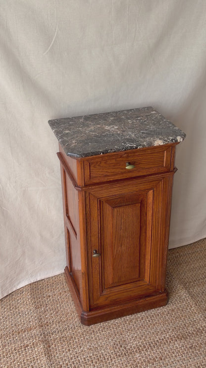 Antique French cupboard side table with dark marble top