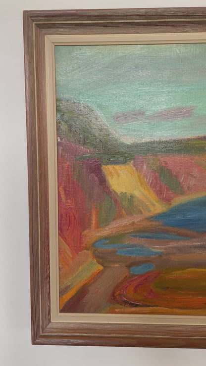 Original oil painting of colourful cliffs and river