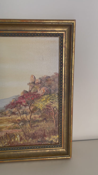 Oil painting on canvas board of mountain landscape