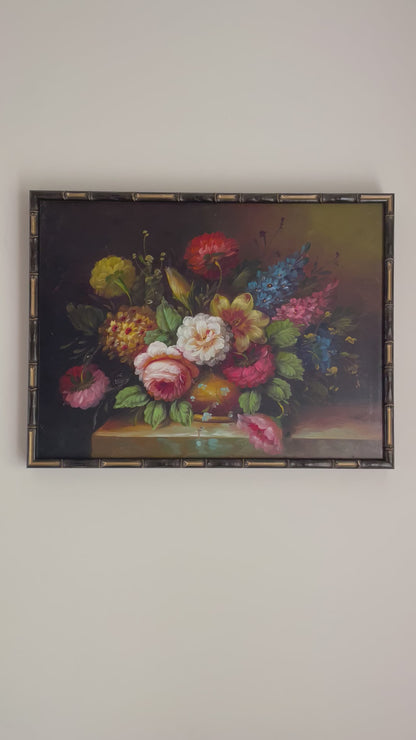 Vintage dark florals in faux bamboo frame